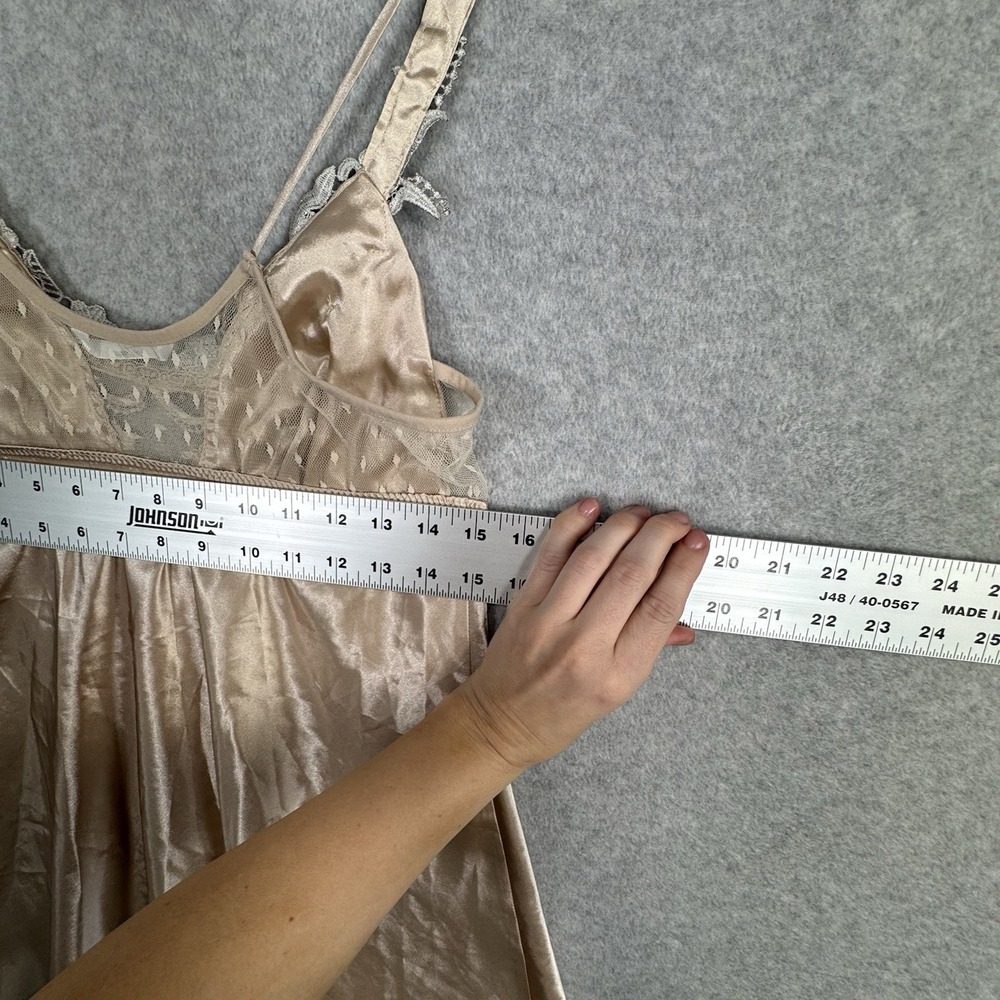 Flora Champagne Satin Chemise Slip Dress Size M Lace Trim V-Neck Babydoll Fairy - Picture 10 of 11